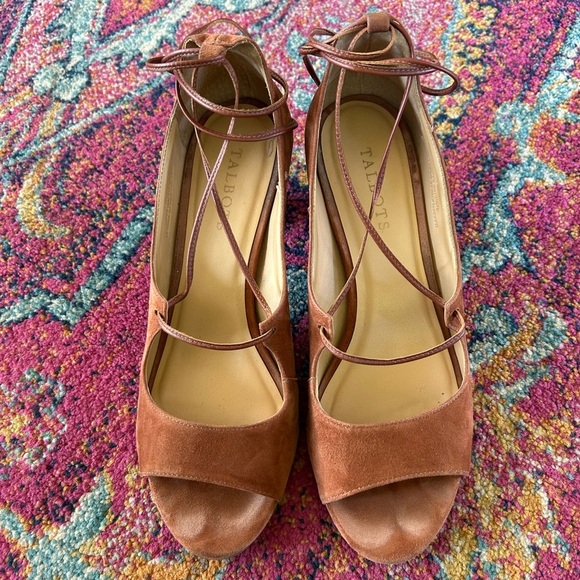 Talbots | Women’s rust brown suede leather peep toe ankle tie Hilary heels, sz 9 - Picture 3 of 14